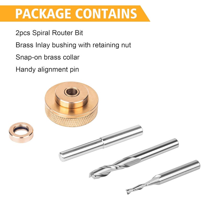 SpeTool Router Inlay Kit, Solid Brass Inlay Bushing Kit Includes 1/8 Inch and 1/4 Inch Cutting Diameter with 1/4 Shank Carbide Spiral Upcut Bit, Router Bushing Guide Set for Wood - Image 2